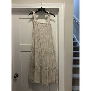 Women's Beige Cream Striped Tiered Midi Cotton Dress size Large Beach Coastal